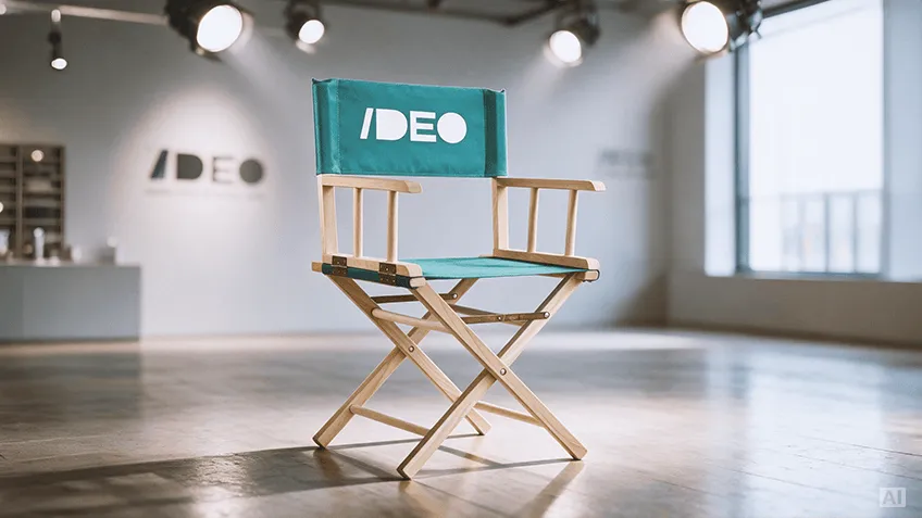 Dřevěné režisérské křeslo s tyrkysovou látkou a logem, umístěné ve studiu s pódiovým osvětlením.