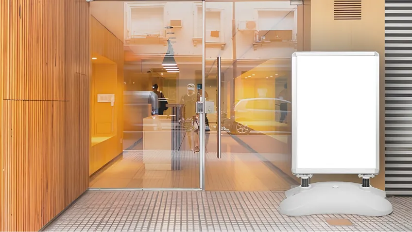 Venkovní reklamní áčko se zatíženou základnou před vstupem do budovy