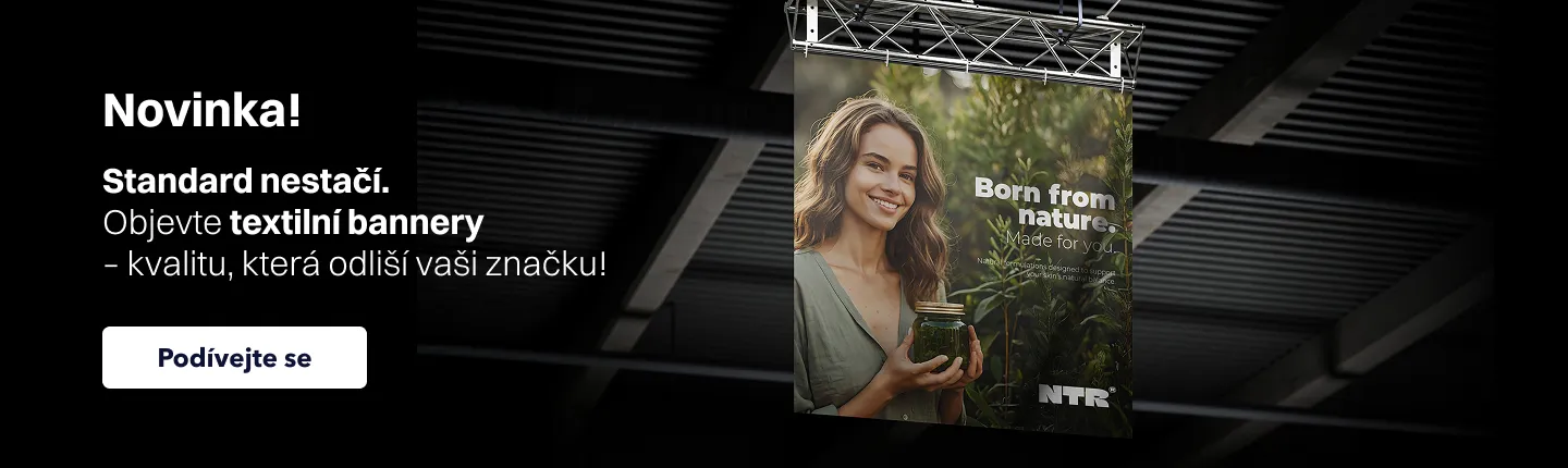 Banner na web propagující textilní bannery s textem „Novinka! Objevte textilní bannery – kvalitu, která odliší vaši značku